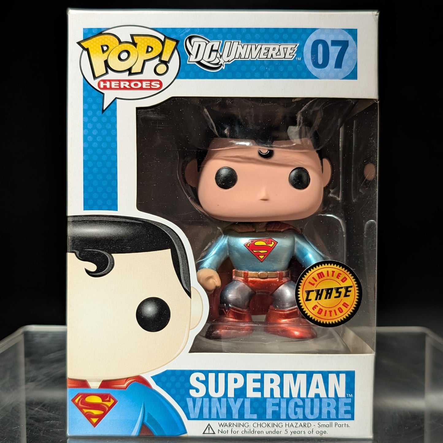 FUNKO POP! Vinyl Heroes RARE DC Universe #07 Superman ("DC Universe" Box) (Static) (Metallic) (Error - Wrong Barcode) [Chase] [VAULTED]