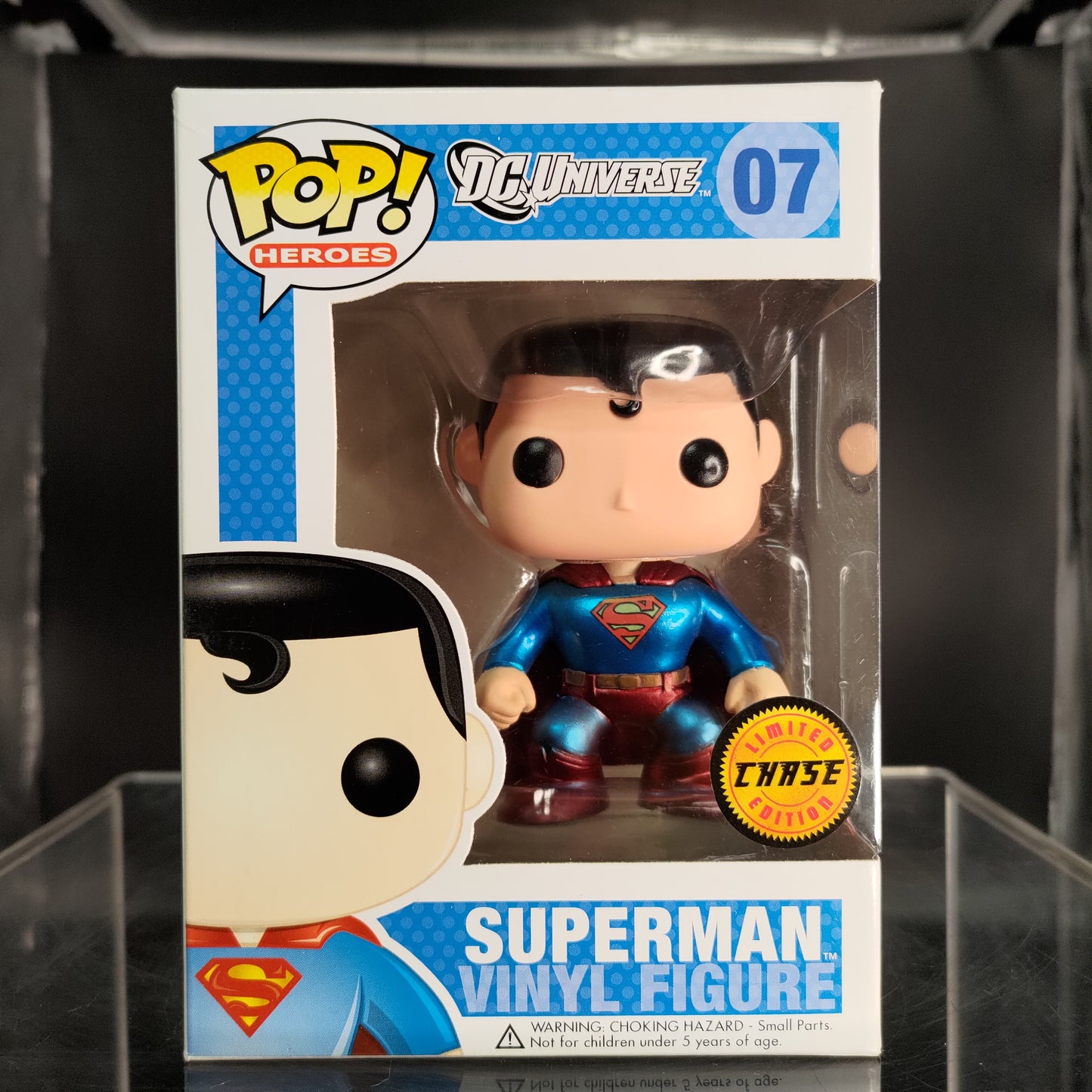 FUNKO POP! Vinyl Heroes RARE DC Universe #07 Superman ("DC Universe" Box) (Static) (Metallic) (Error - Wrong Barcode) [Chase] [VAULTED]