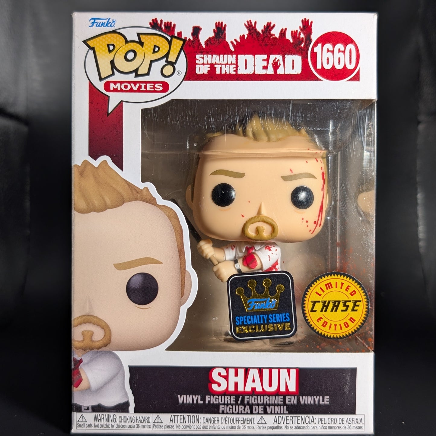 FUNKO POP! Vinyl Movies RARE Shaun Of The Dead #1660 Shaun (with Pool Cue) (Bloody) [Funko Specialty Series | Chase] [VAULTED]