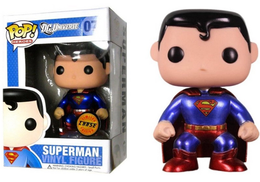 FUNKO POP! Vinyl Heroes RARE DC Universe #07 Superman ("DC Universe" Box) (Static) (Metallic) (Error - Wrong Barcode) [Chase] [VAULTED]